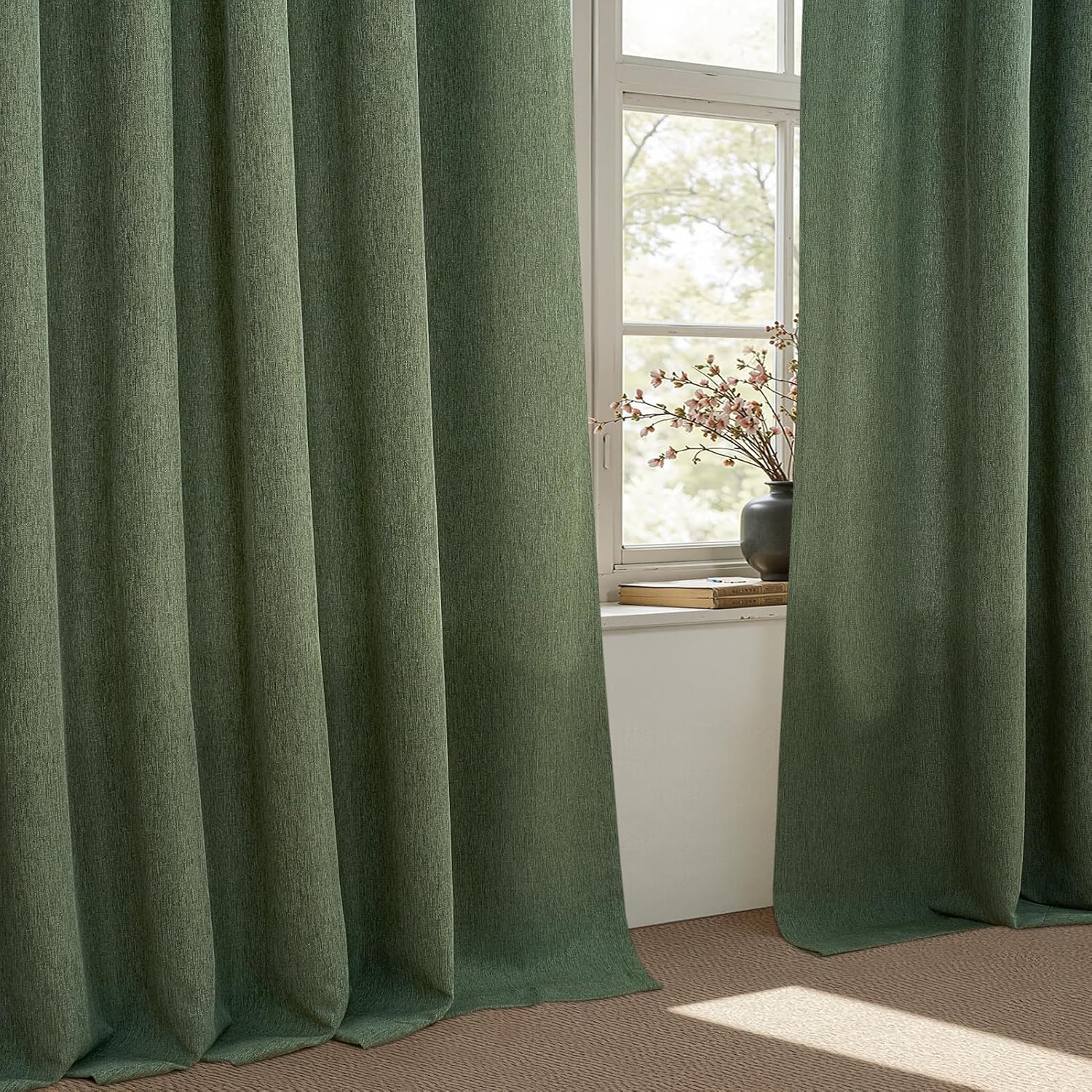 Detalle de Drapenova RBPPCL227 Olive Green Linen-Blend Curtains, 52 x 96 in, Back Tab
