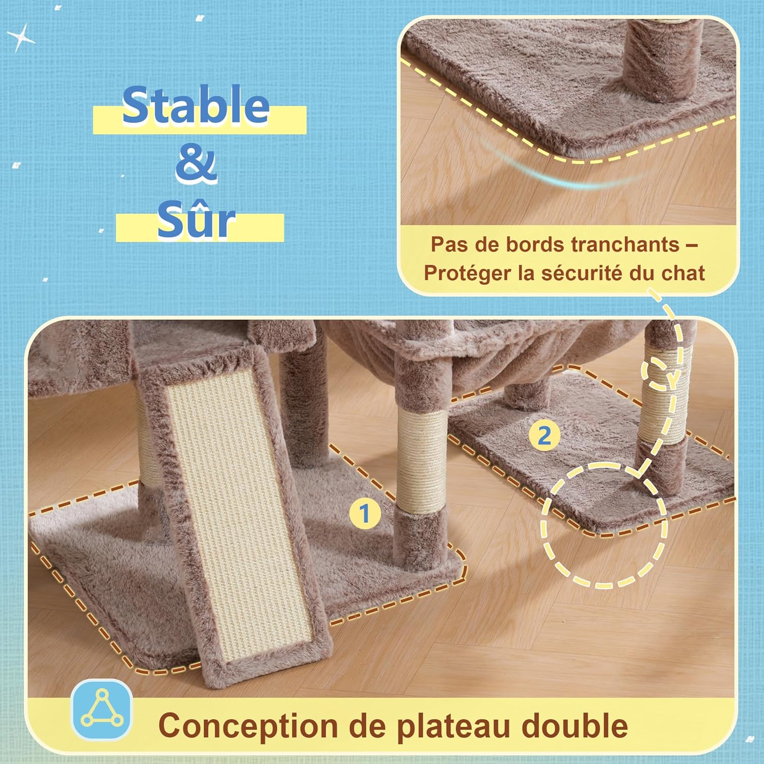 Detalle 2 de Hey-brother Arbre à Chat avec grande plateforme, hamac et 2 niches (beige-marron) MPJ071MU