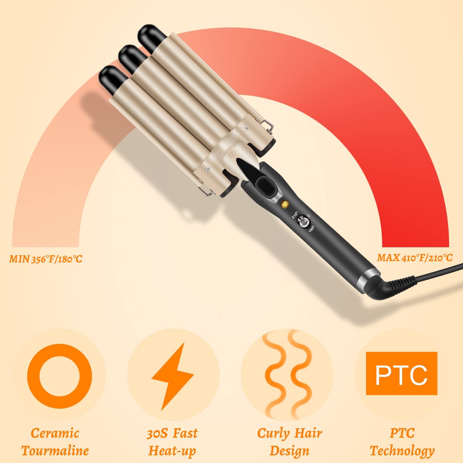 Thumbnail 5 de LAYADO Lockenstab mit 3 Fässern (22 mm) – einstellbare Temperatur 180/210 °C für Beach Waves