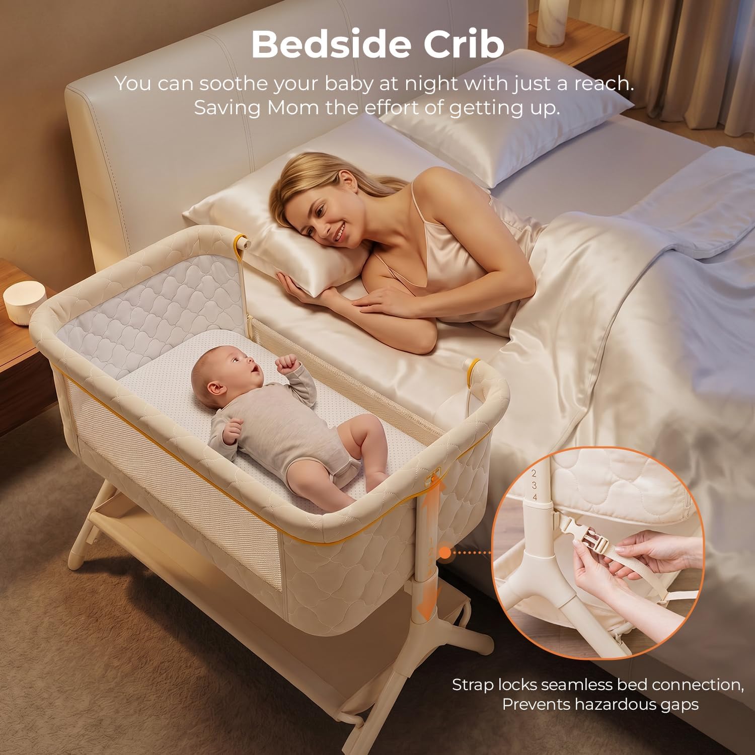 Detalle 1 de Pamo babe Y7062A Bedside Bassinet, Beige, Foldable with Wheels and Adjustable Height
