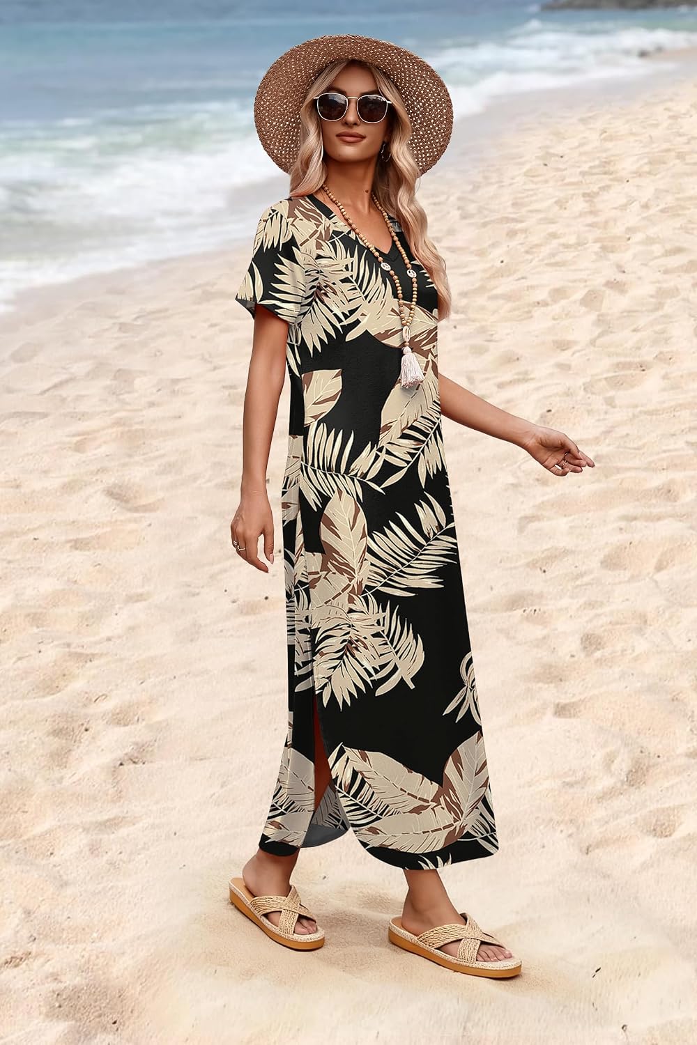 Detalle 2 de WIHOLL Women’s Summer Short Sleeve Maxi Dress (V-Neck, Pockets)