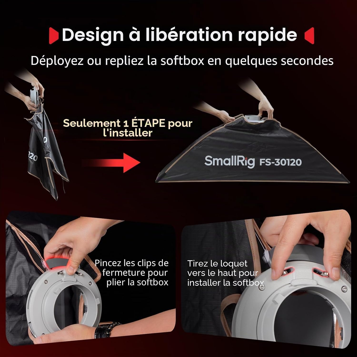 Thumbnail 1 de SMALLRIG FS-30120 Softbox Bowens 12'' x 47'' à ouverture rapide (avec diffuseur, grille nid d’abeille et sac)