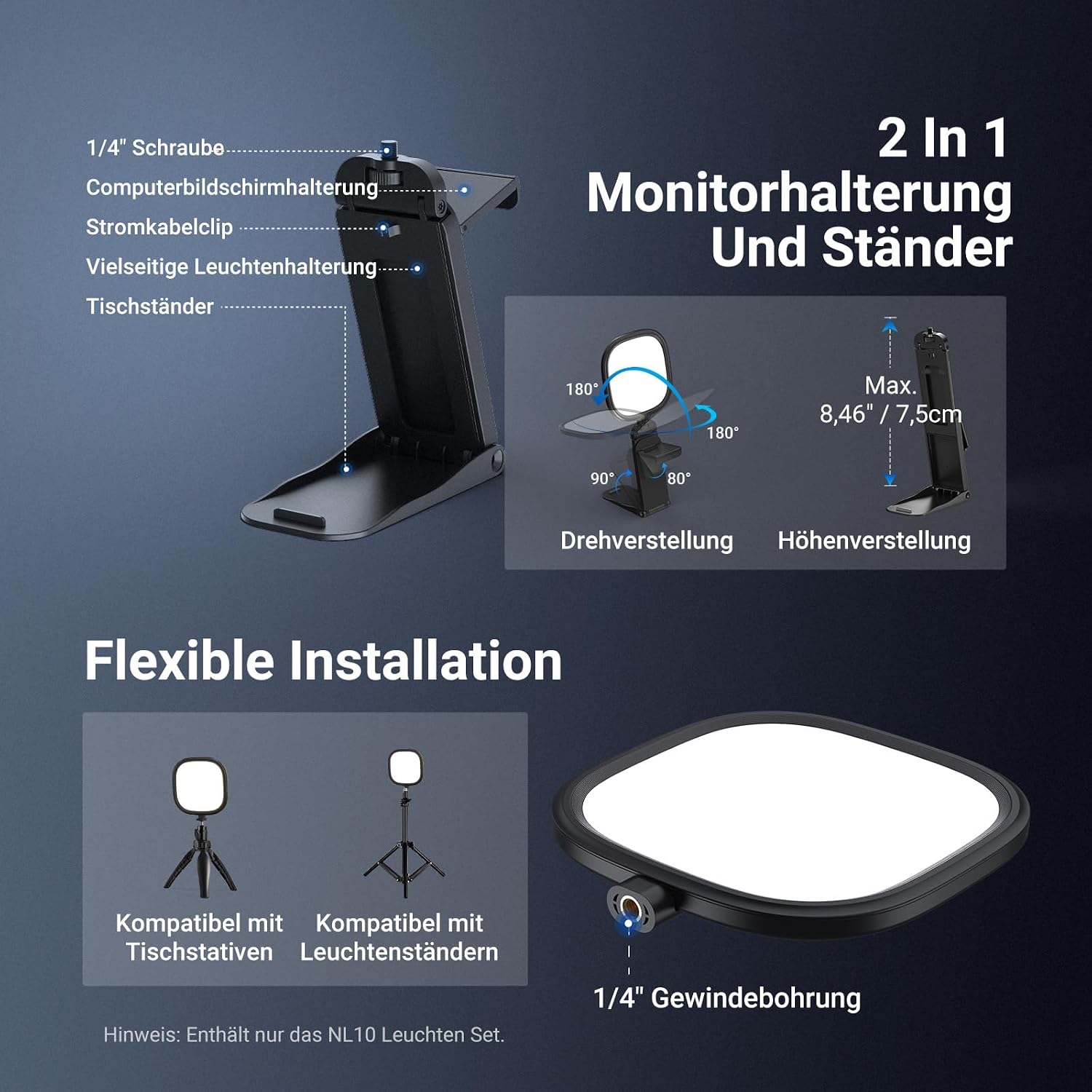 Thumbnail 6 de NEEWER Basics NL10: 5-Zoll Monitorleuchte mit Ständer – kompakte Beleuchtung für Videokonferenzen