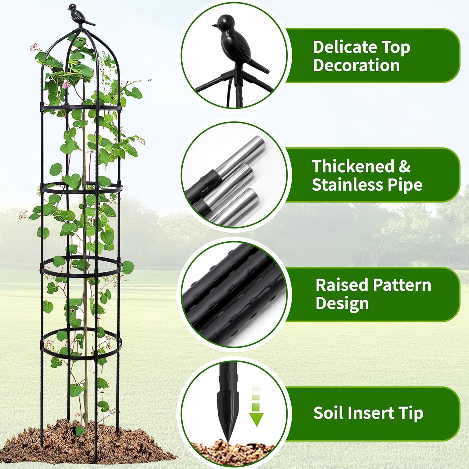 Detalle de Garden Obelisk Trellis 175cm – Weatherproof Steel Plant Support with 3 Finials