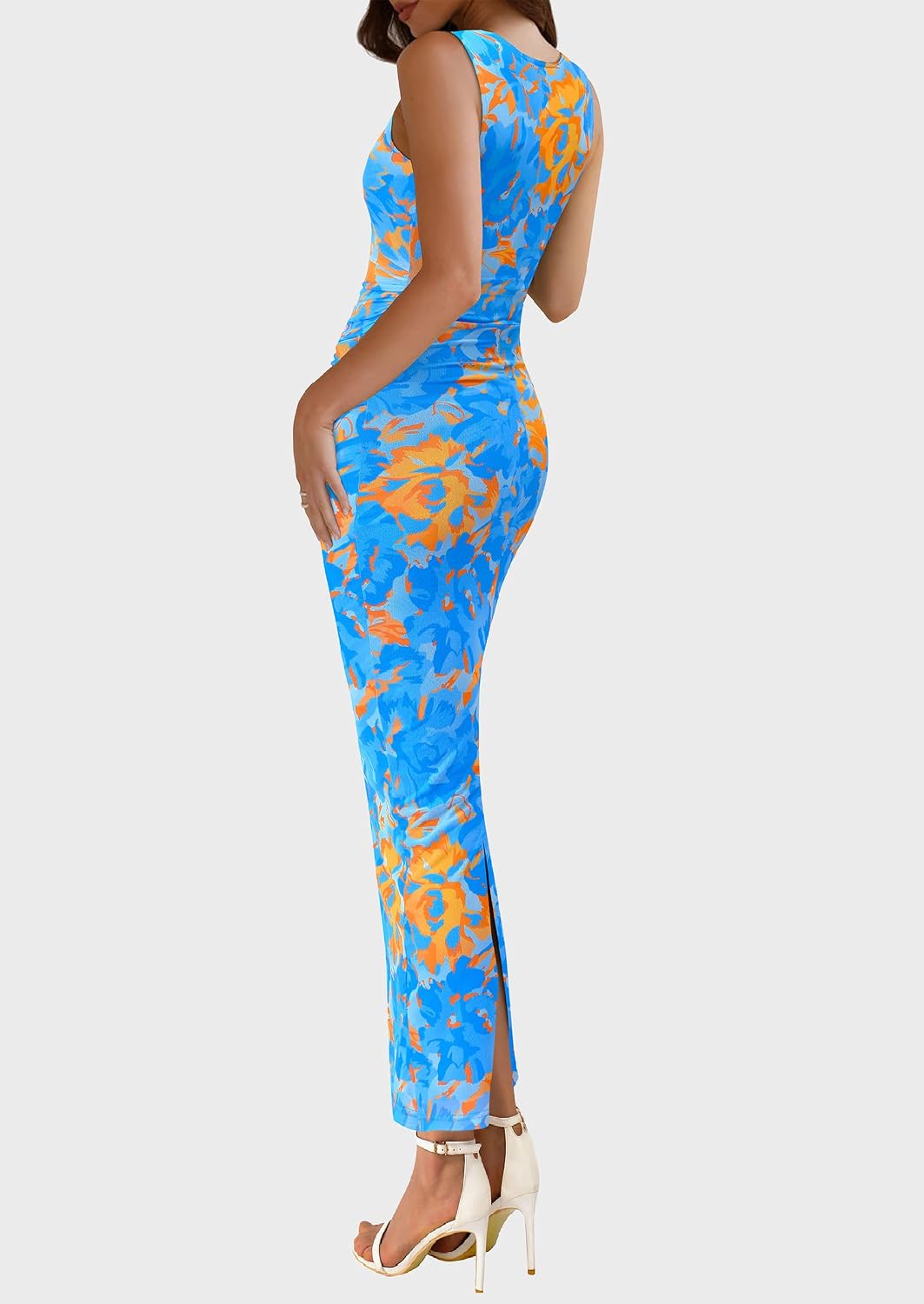 Detalle de PRETTYGARDEN Women's Floral Mesh Maxi Dress, Sleeveless Ruched Bodycon Style