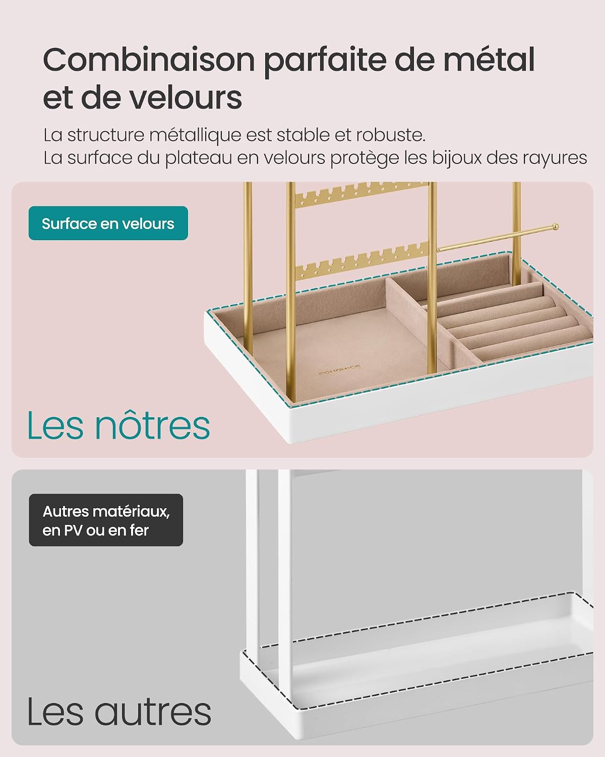 Detalle de SONGMICS Porte-bijoux JJS028A01: Organisateur élégant en métal avec velours pour colliers, bracelets, boucles d’oreilles et bagues