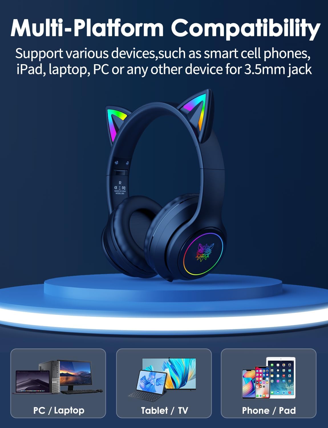 Thumbnail 4 de ONITOON Bluetooth-Kopfhörer mit LED-Katzenohren (Over-Ear) inkl. Mikrofon, bis zu 55 h Spielzeit