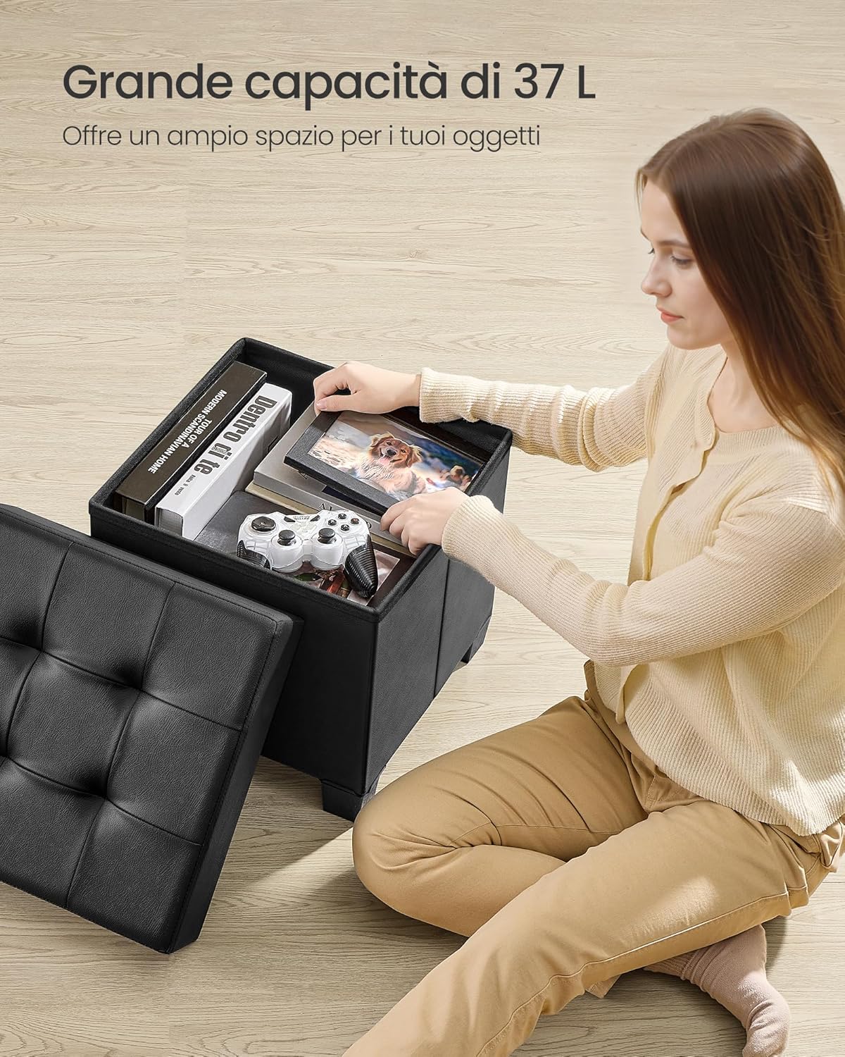 Detalle de Pouf Contenitore SONGMICS Cassapanca con Gambe 38 x 38 x 40 cm, 37 L, Nero Inchiostro (LSF0512B02)