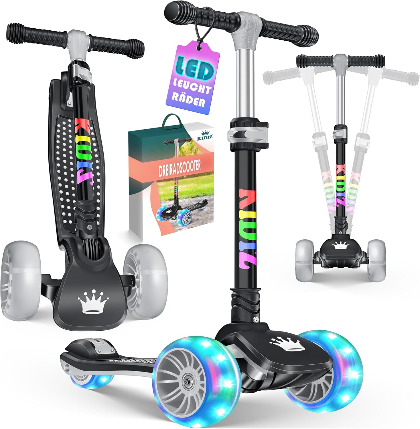 Detalle de KIDIZ Roller Kinder Scooter X-Pro2 – faltbarer 3-Rad-Tretroller mit LED-Lenkung für 3–12 Jahre
