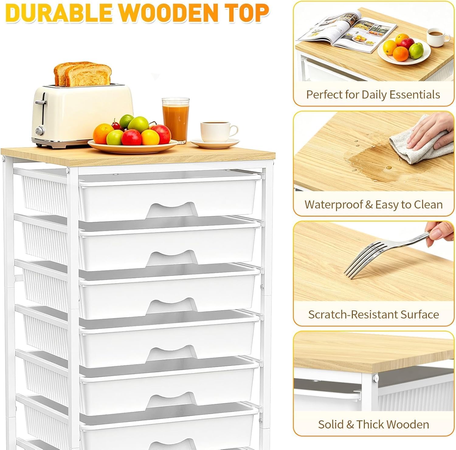 Detalle 2 de SUNALLY SN-SDC08W 8-Drawer Rolling Storage Cart with Wooden Top, White
