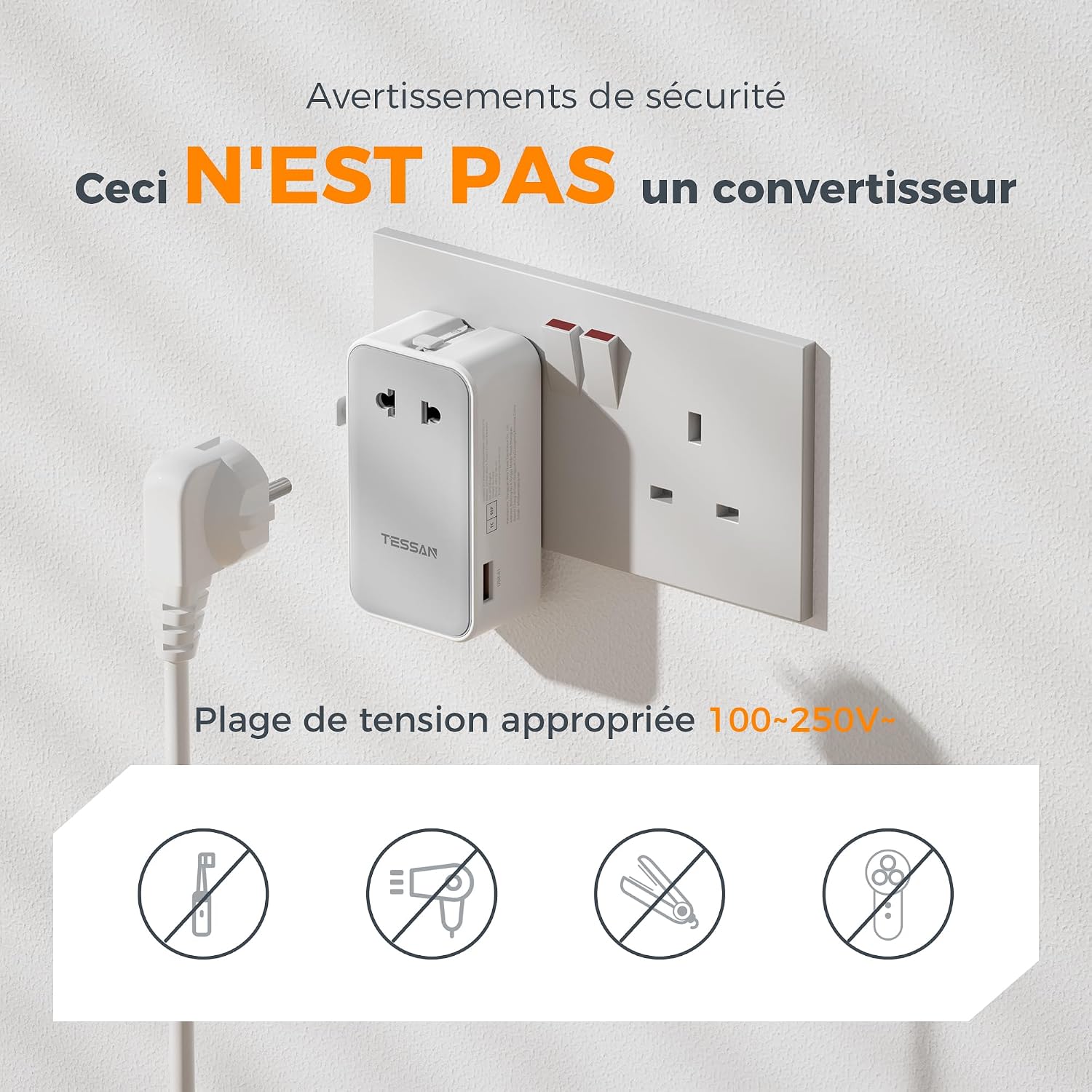 Detalle 2 de TESSAN Adaptateur Prise Universelle PD 70W – 5 en 1, Compact et Polyvalent pour Voyage
