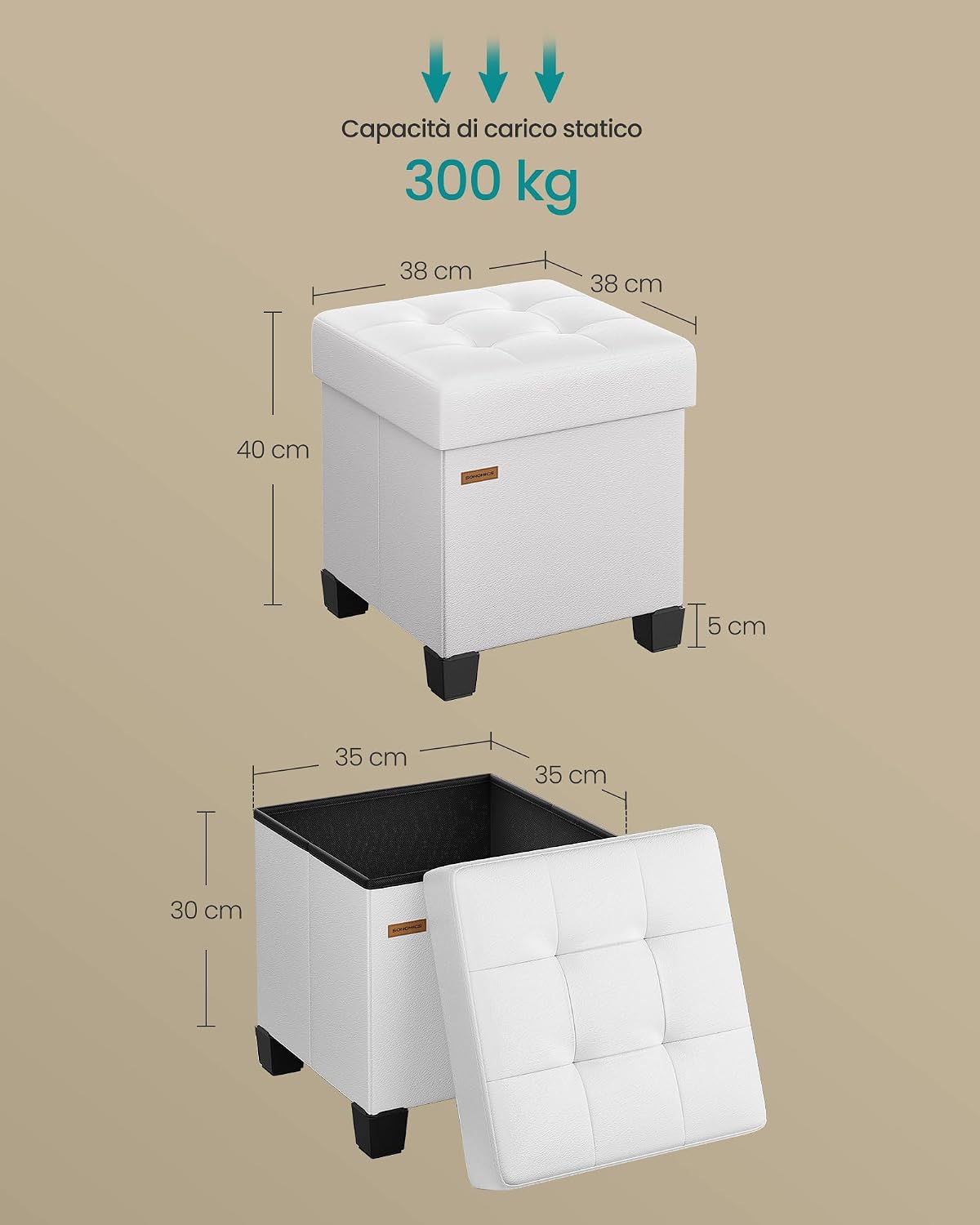 Thumbnail 2 de SONGMICS Pouf Contenitore con Gambe 38 x 38 x 40 cm, 37 L, rivestimento PVC, bianco Nuvola LSF0512W02