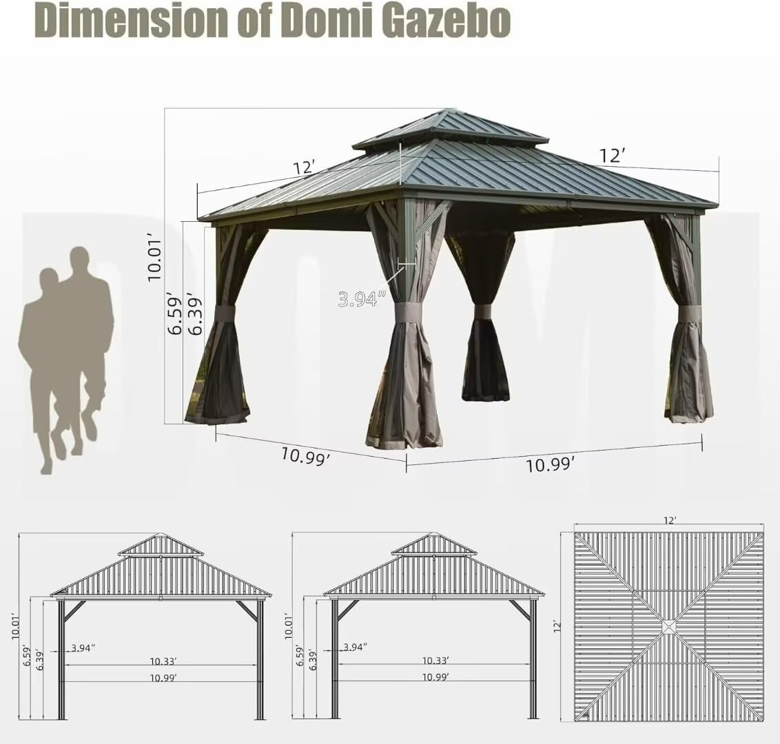 Detalle 2 de domi outdoor living 12' x 12' Metal Hardtop Gazebo with Double Roof and Curtains