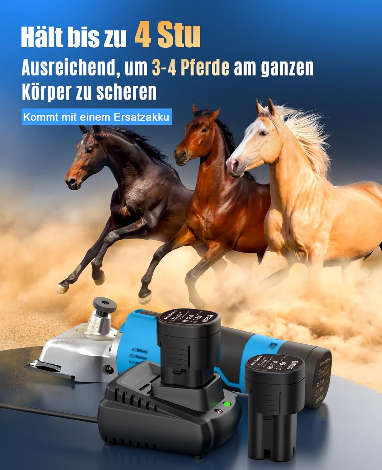 Detalle 2 de oneisall Schermaschine Pferd 2 Akkus – kabellose Pferde-Schermaschine für dickes und verfilztes Haar (2400 PRM/min)