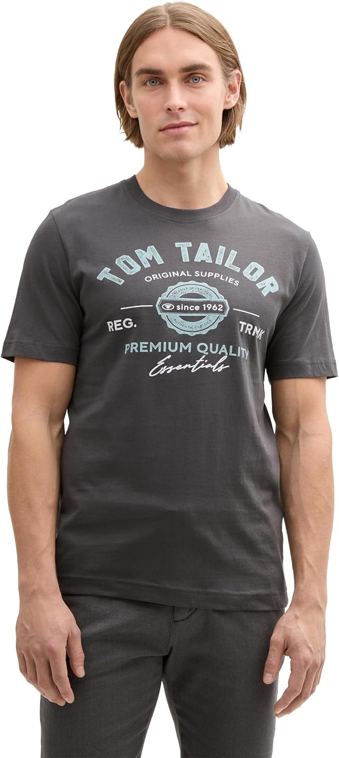 Detalle de TOM TAILOR Herren T-Shirt aus Baumwolle mit großem Logo-Print (Regular Fit)