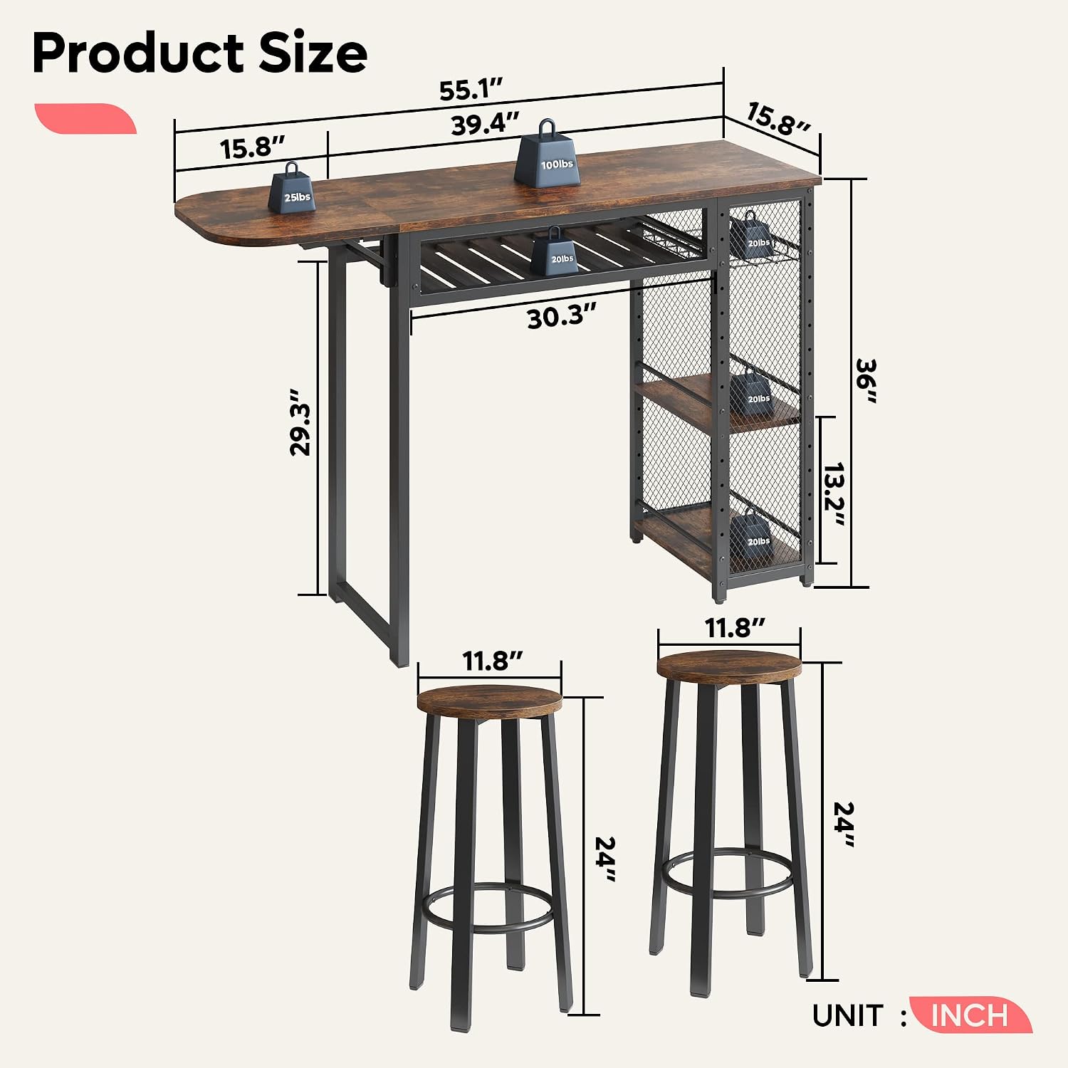 Thumbnail 5 de Bestier Expandable Bar Table and 2-Stool Set with Wine Rack and Adjustable Shelves