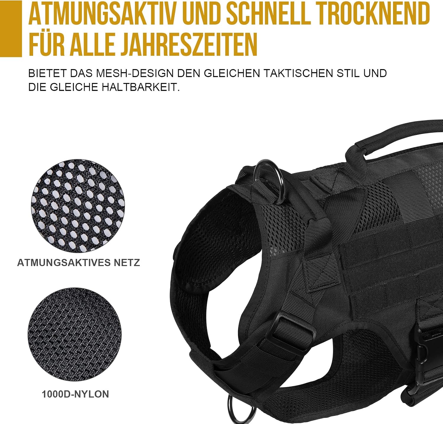 Detalle de OneTigris Anti Zug Hundegeschirr XL – atmungsaktives, verstellbares Tactical Geschirr mit 2 Griffen und 3 D-Ringen