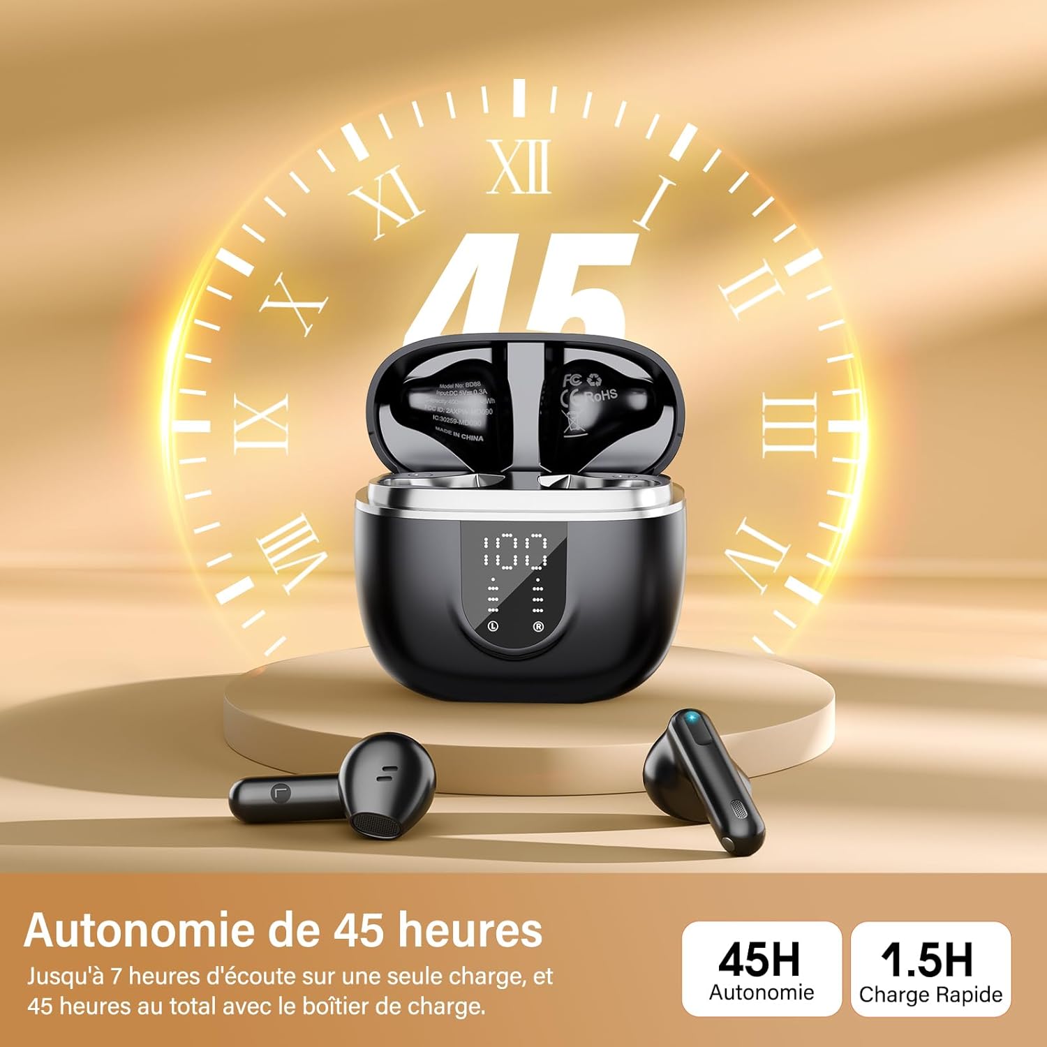 Thumbnail 5 de Écouteurs Bluetooth BD88 sans fil 5.4 – Hi‑Fi, ANC Ambiant ENC, 45 h total