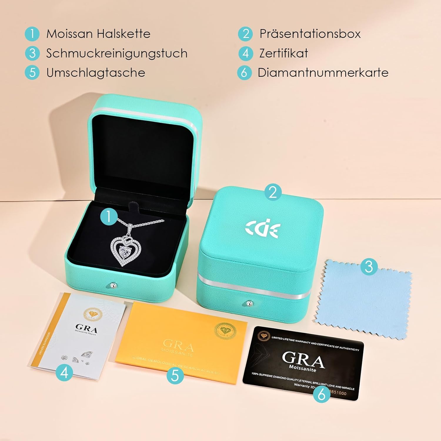 Thumbnail 5 de CDE Damen Moissanite Halskette Doppelherz aus Silber 925 – 18" + 2" Verlängerung, D-Farbe, VVS1