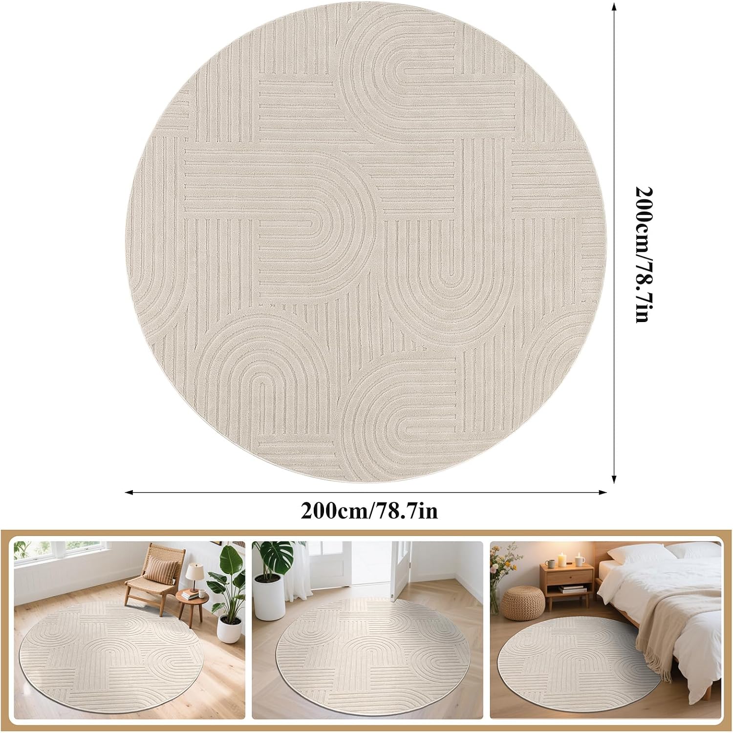Thumbnail 1 de Enyhom runder Teppich für Wohnzimmer & Küche (200 cm) – waschbar, rutschfest, Kurzflor in Beige
