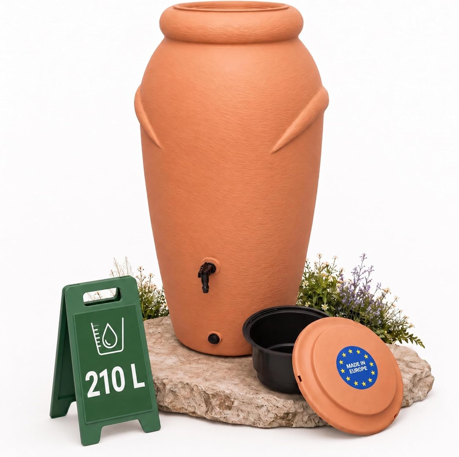 Detalle de YourCasa Regentonne 210 Liter im Amphore-Design – Frostsicheres Kunststoff-Regenfass mit Wasserhahn
