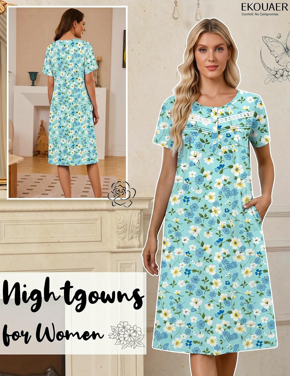 Detalle 2 de Ekouaer Women's Nightgown, Polyester-Spandex Blend