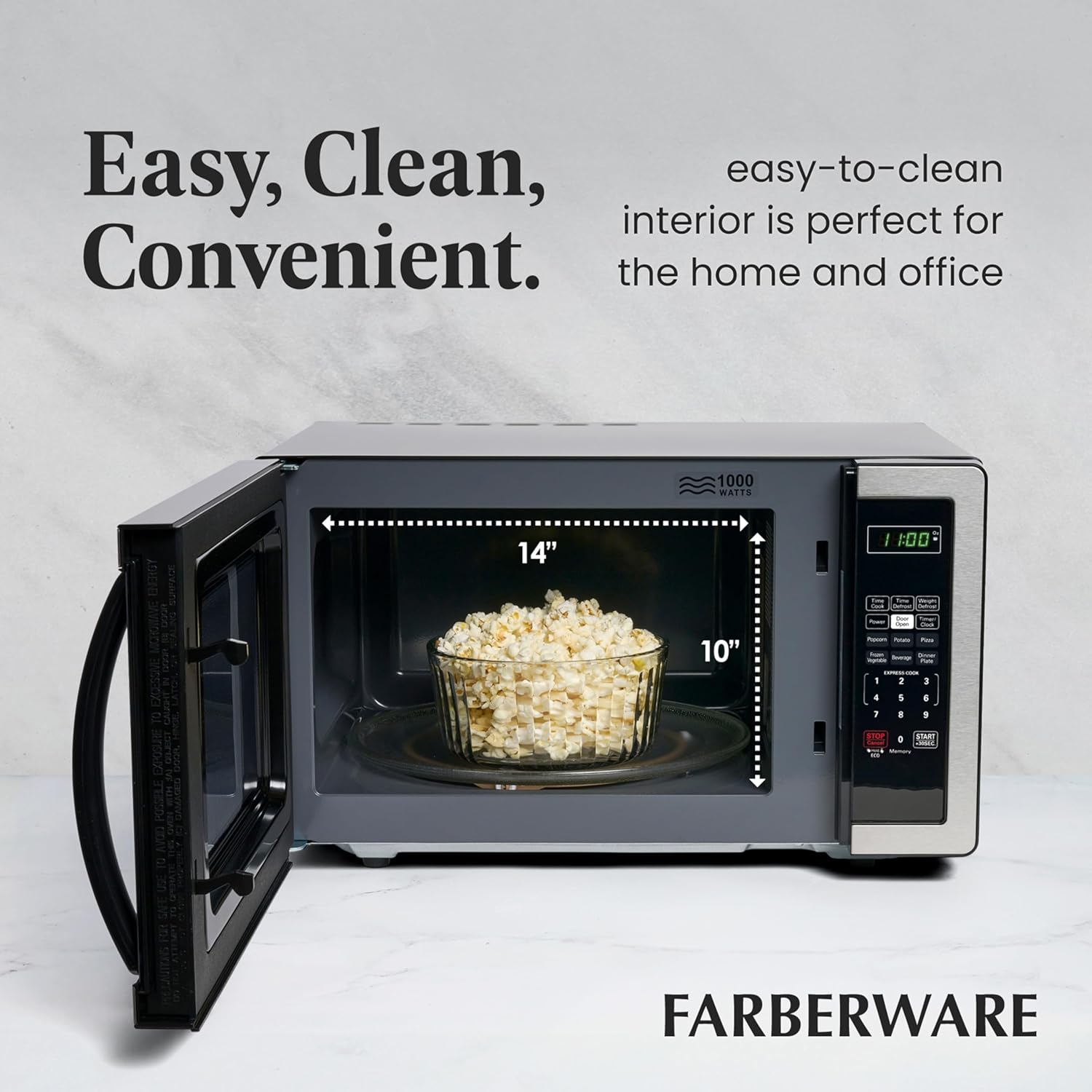 Detalle de Farberware 1.1 Cu. Ft. Countertop Microwave Oven (1000W) with Auto Cook, Defrost, Child Safety Lock — Stainless