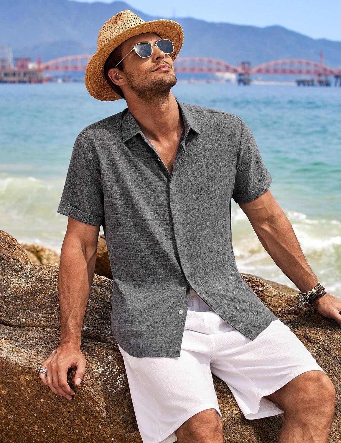 Thumbnail 3 de COOFANDY chemise en lin pour hommes à manches courtes boutonnée