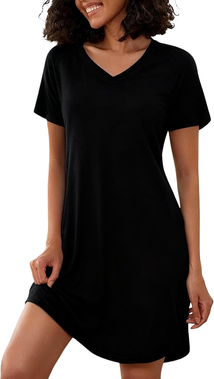 Marvmys Chemise de Nuit Femme en Coton - Manches Courtes, Col en V, Taille S à 4XL
