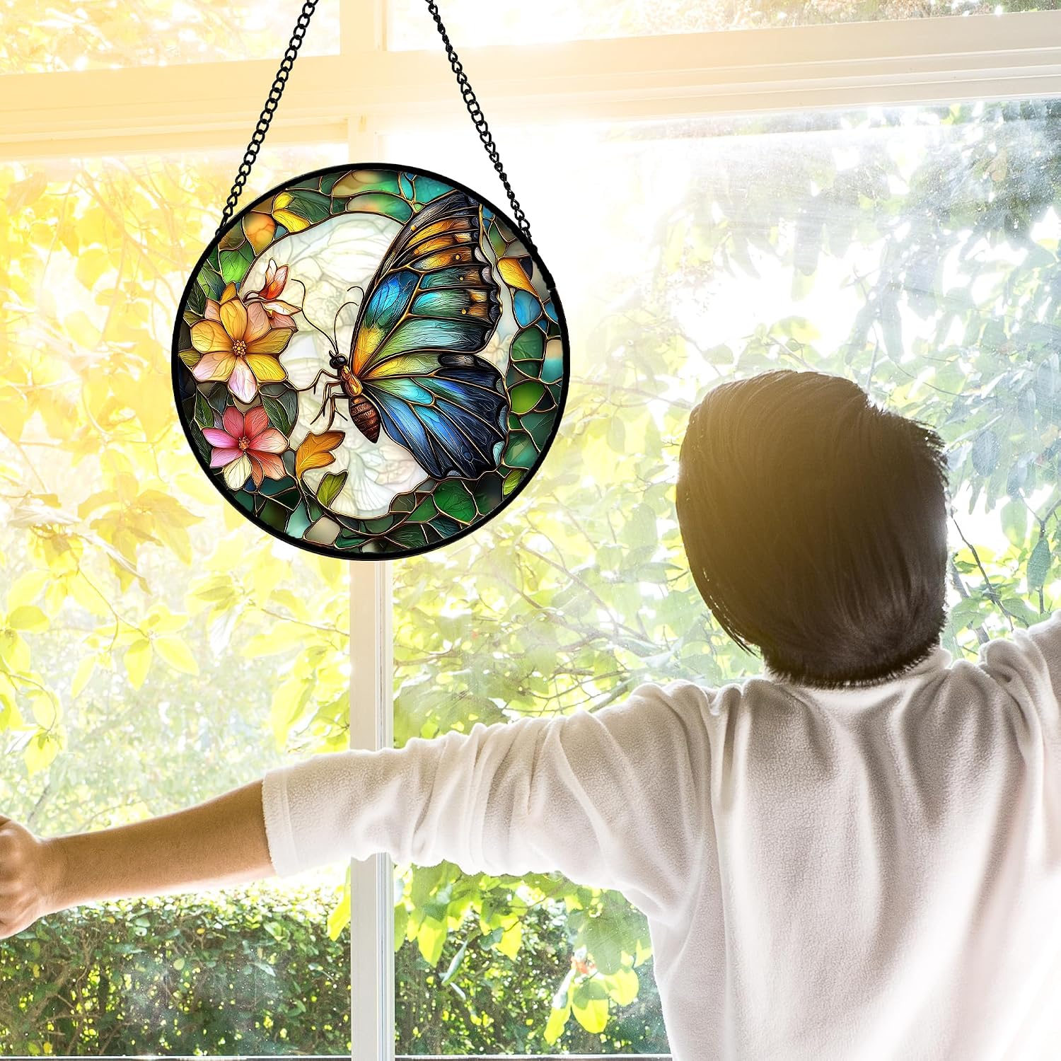 Detalle 2 de DASTOLL Green Butterfly Flower Stained Glass Window Hanging Suncatcher, 7.8-Inch