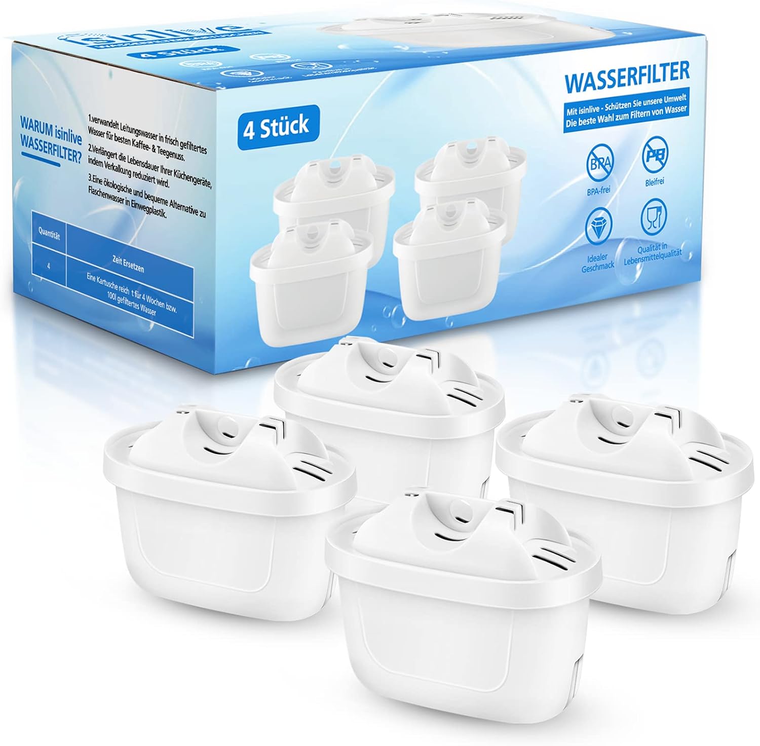 Thumbnail 6 de ISINLIVE 4er-Pack Wasserfilterkartuschen – kompatibel mit Brita Maxtra+, Style, Elemaris XL und Mavea Krug Wassertank