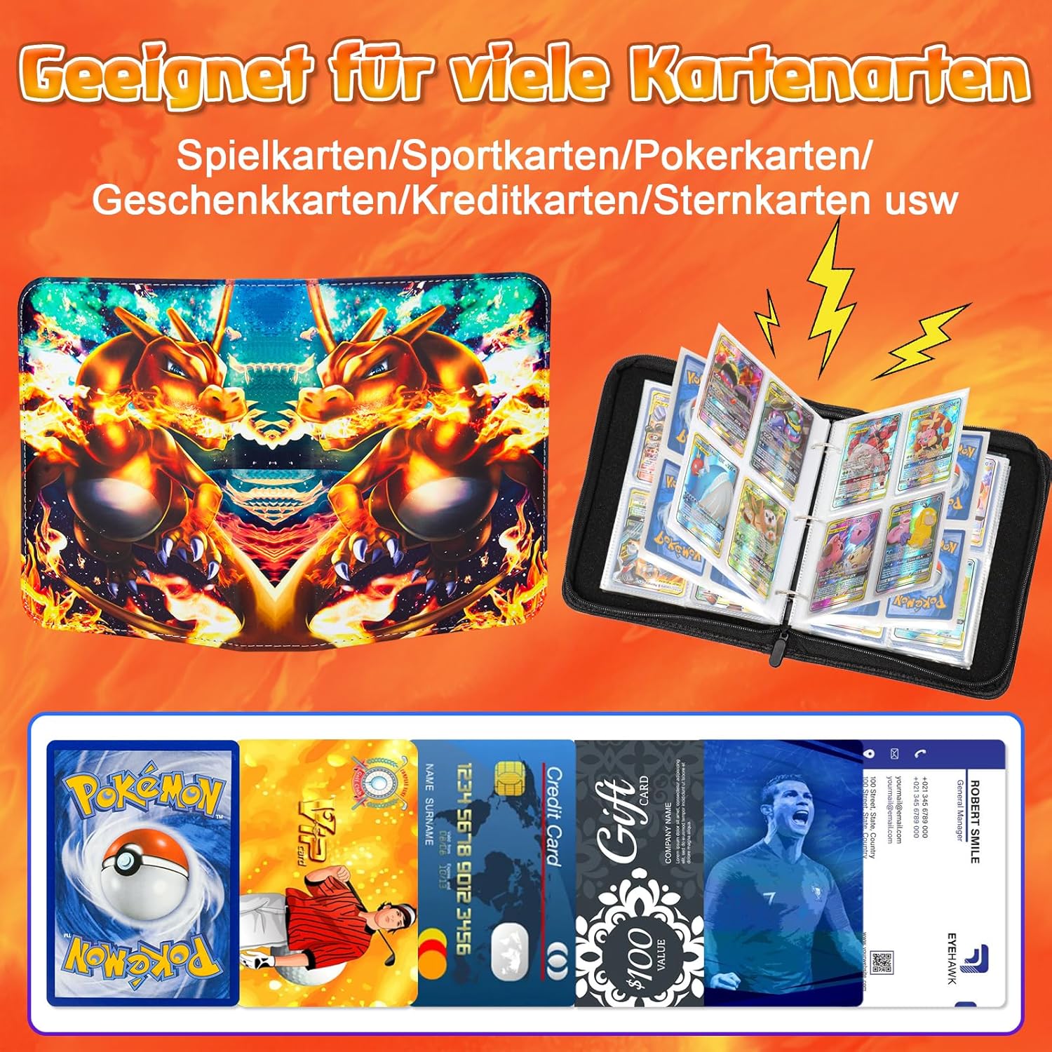 Thumbnail 3 de LYAILOOGXL Pokémon Sammelalbum 400 Karten – Glurak-Design, wasserdichtes PU-Leder, 50 Hüllen (4 Fächer pro Seite), PVC-frei
