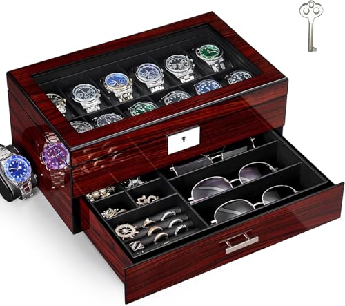 Detalle de ANWBROAD Caja de Relojes con 12 Ranuras y Tapa de Cristal – Joyero para Hombre