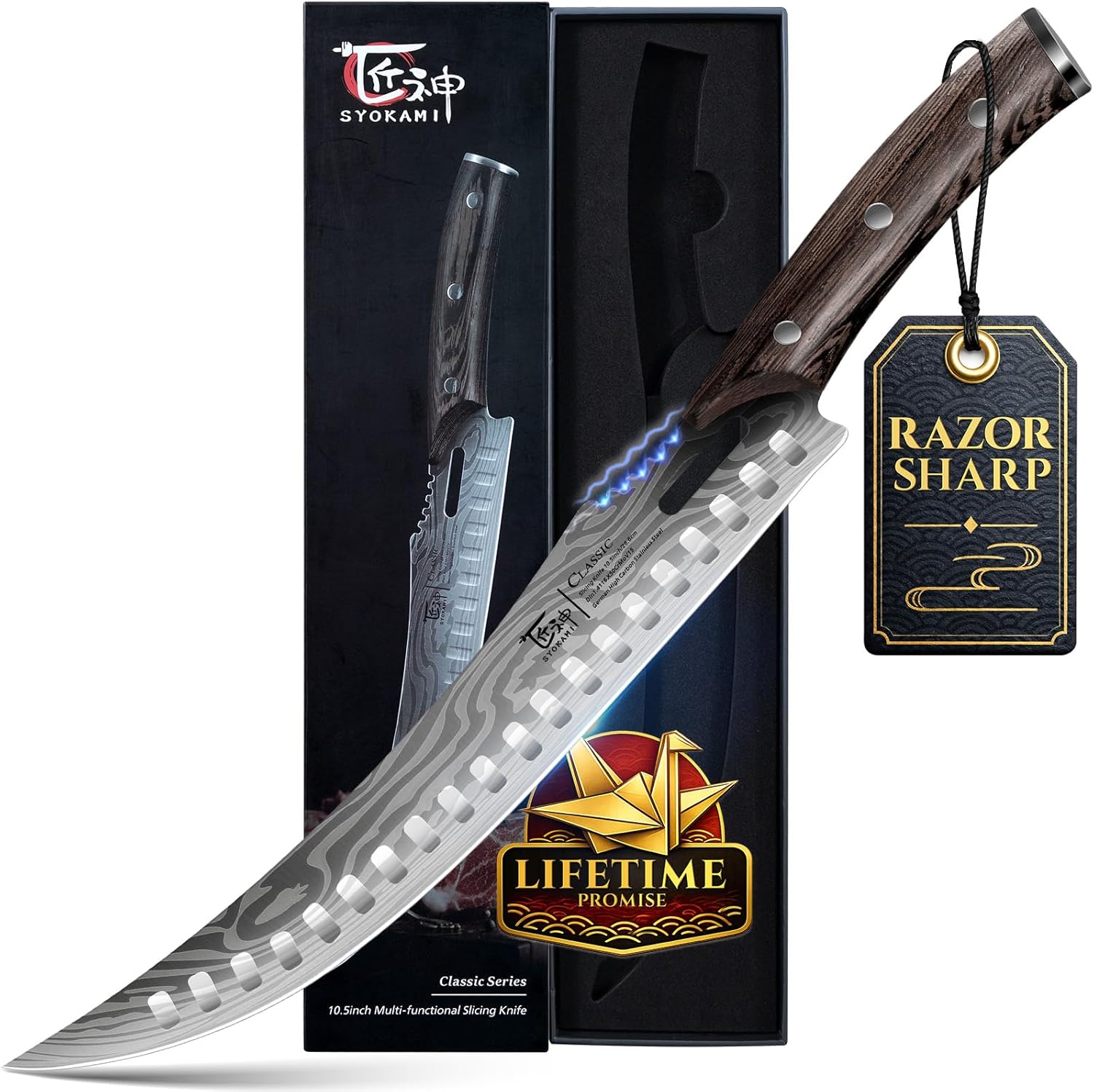 SYOKAMI 27 cm Fleischermesser im japanischen Stil – gebogenes Tranchiermesser mit Holzgriff, Damastmuster, Geschenkbox