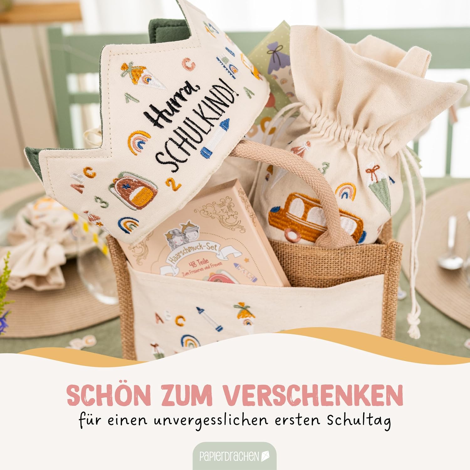 Detalle de Papierdrachen Schulkind Krone – hochwertige, bestickte Krone für den Schulanfang