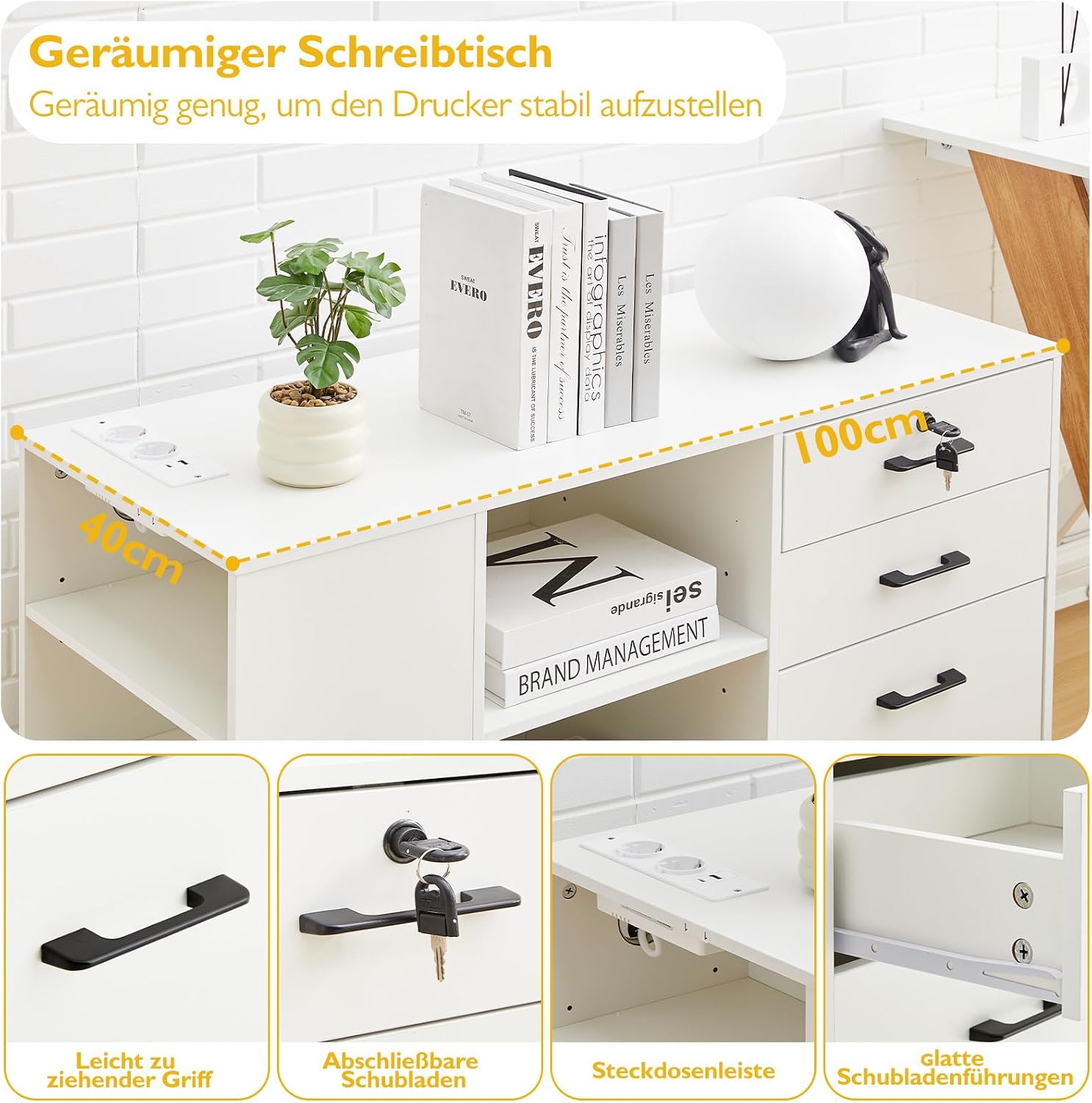 Thumbnail 3 de CLIPOP Rollcontainer abschließbar mit 5 Rollen, 3 Schubladen und Steckdose – mobiler Bürocontainer für Büro & Zuhause, weiß