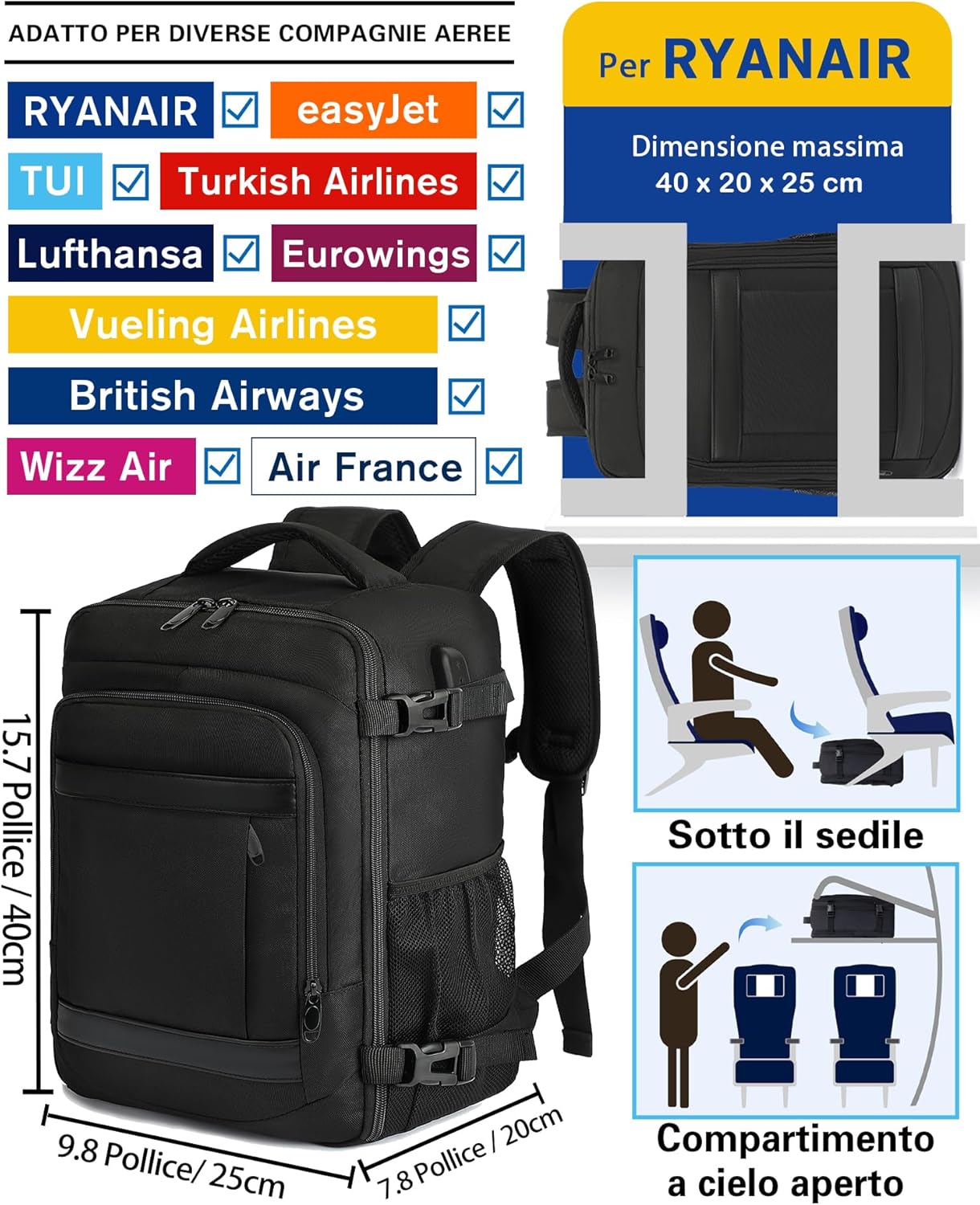 Detalle 2 de KLOSTAIN Zaino Ryanair 40x20x25 20L