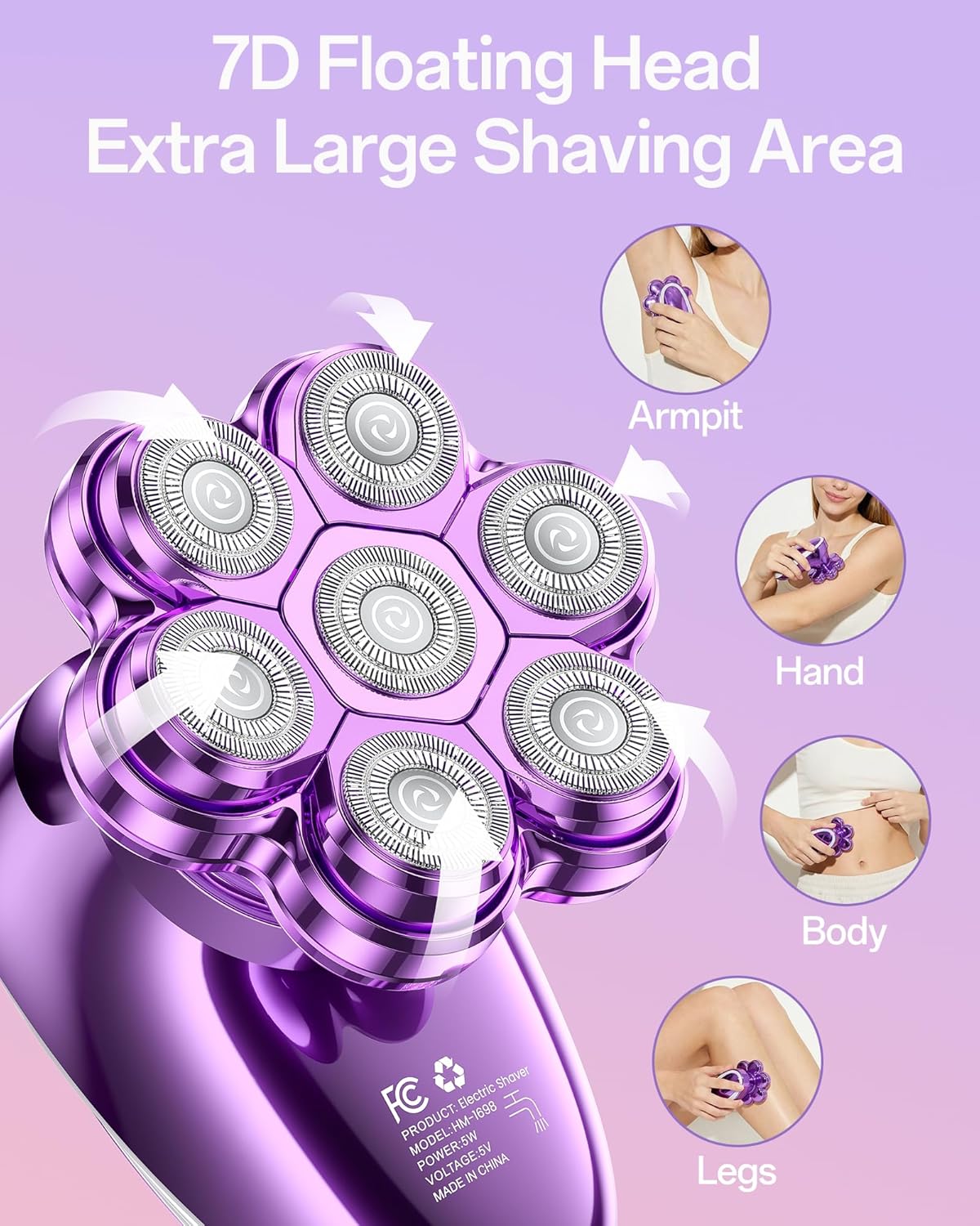 Detalle 2 de 5-in-1 Women’s Electric Razor Kit with 7D Magnetic Heads – Waterproof, LED Display, and USB-C Charge