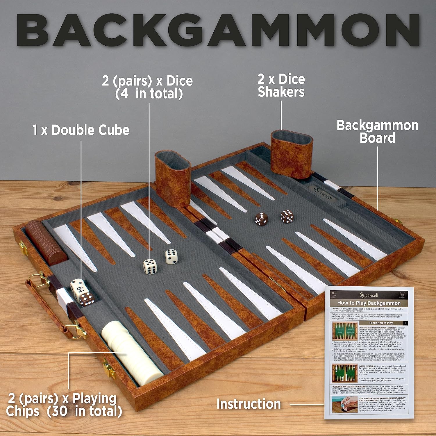 Detalle de Large Backgammon Sets for Adults (15-inch) in PU Leather Case — Classic 2-Player Board Game Gift