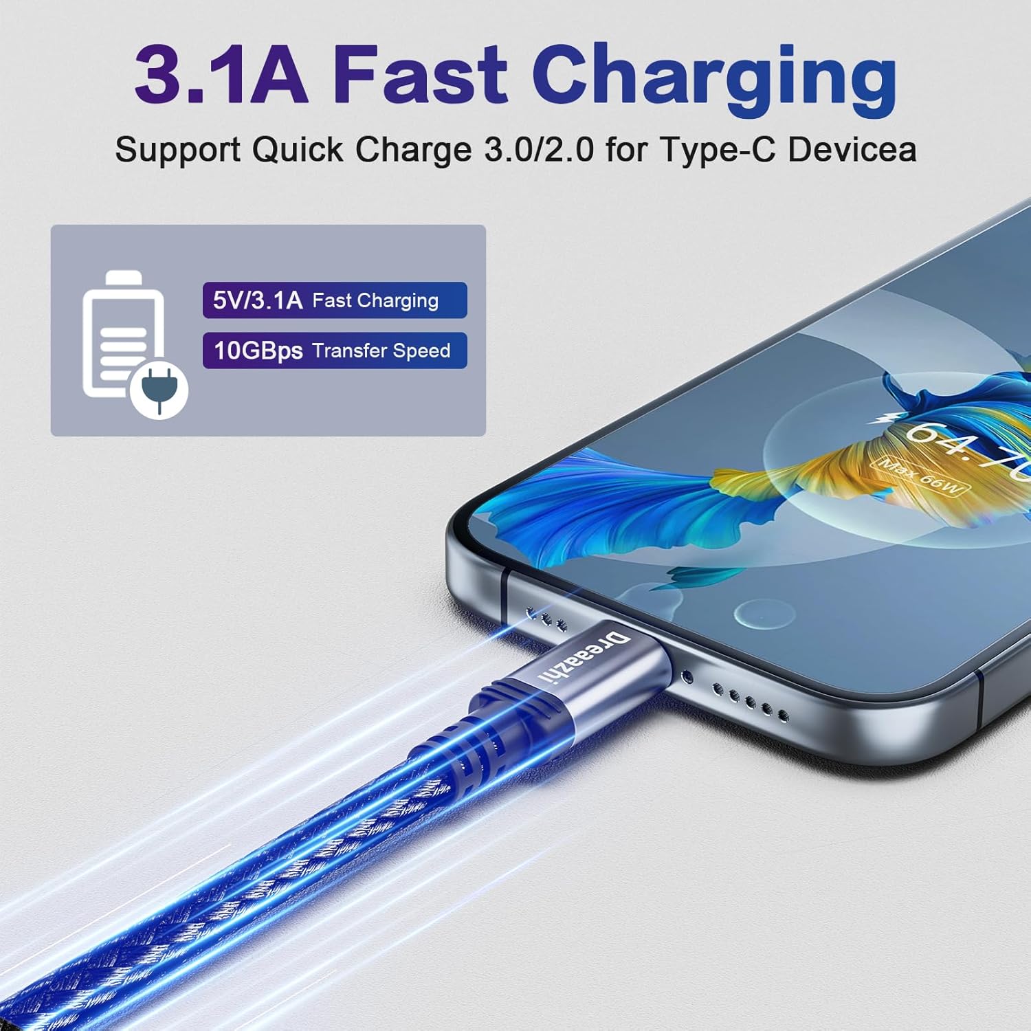 Thumbnail 1 de Dreaazhi USB C Data Cable (1M) – USB 3.1 Gen 2, 10Gbps, 3.1A Fast Charge