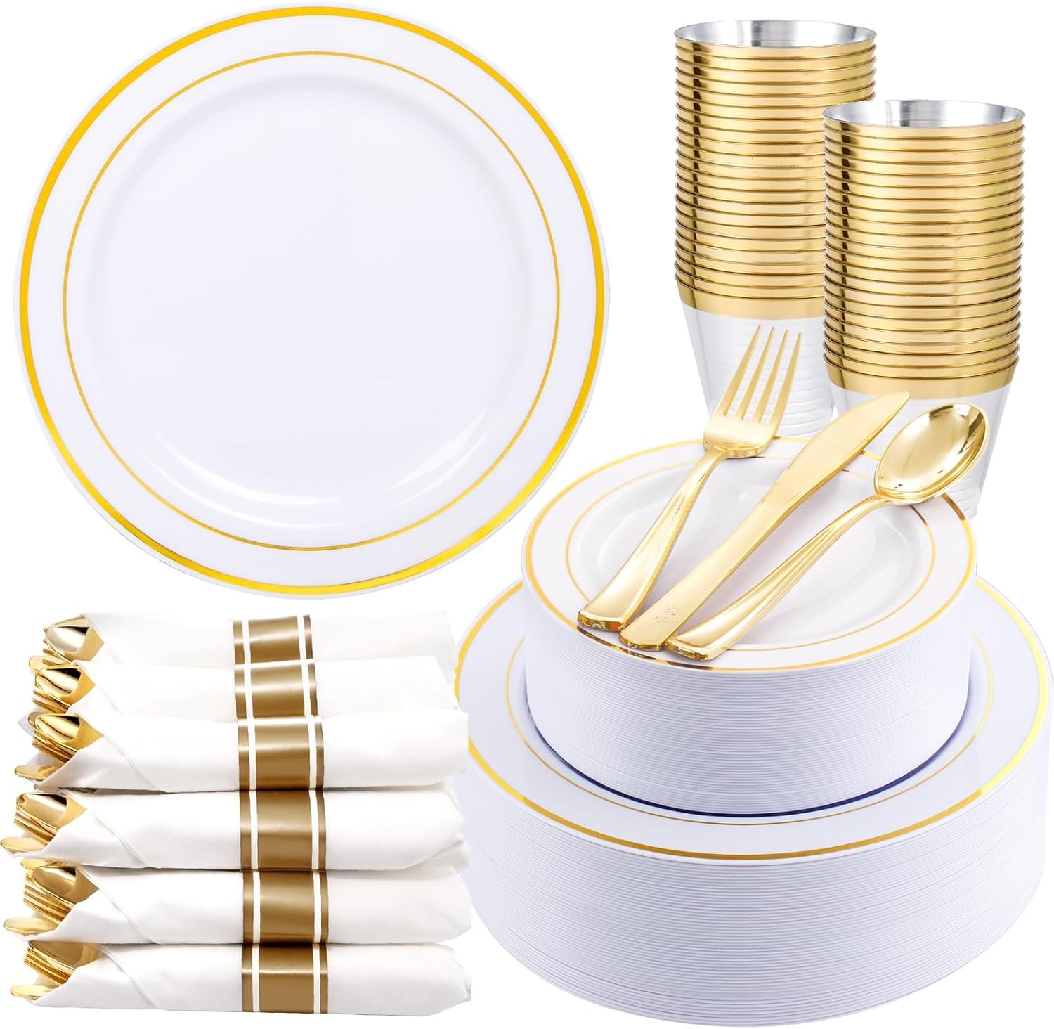Detalle de WDF Partyware ET 350-Piece White and Gold Plastic Dinnerware Set for 50