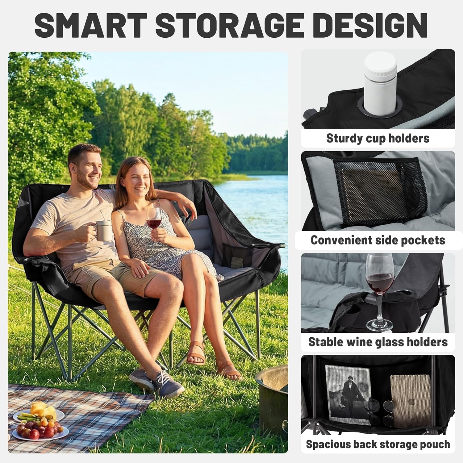 Thumbnail 5 de Youtanic Oversized Double Camping Chair (Folding Loveseat) with Cup Holder, Pockets & Carry Bag, Black