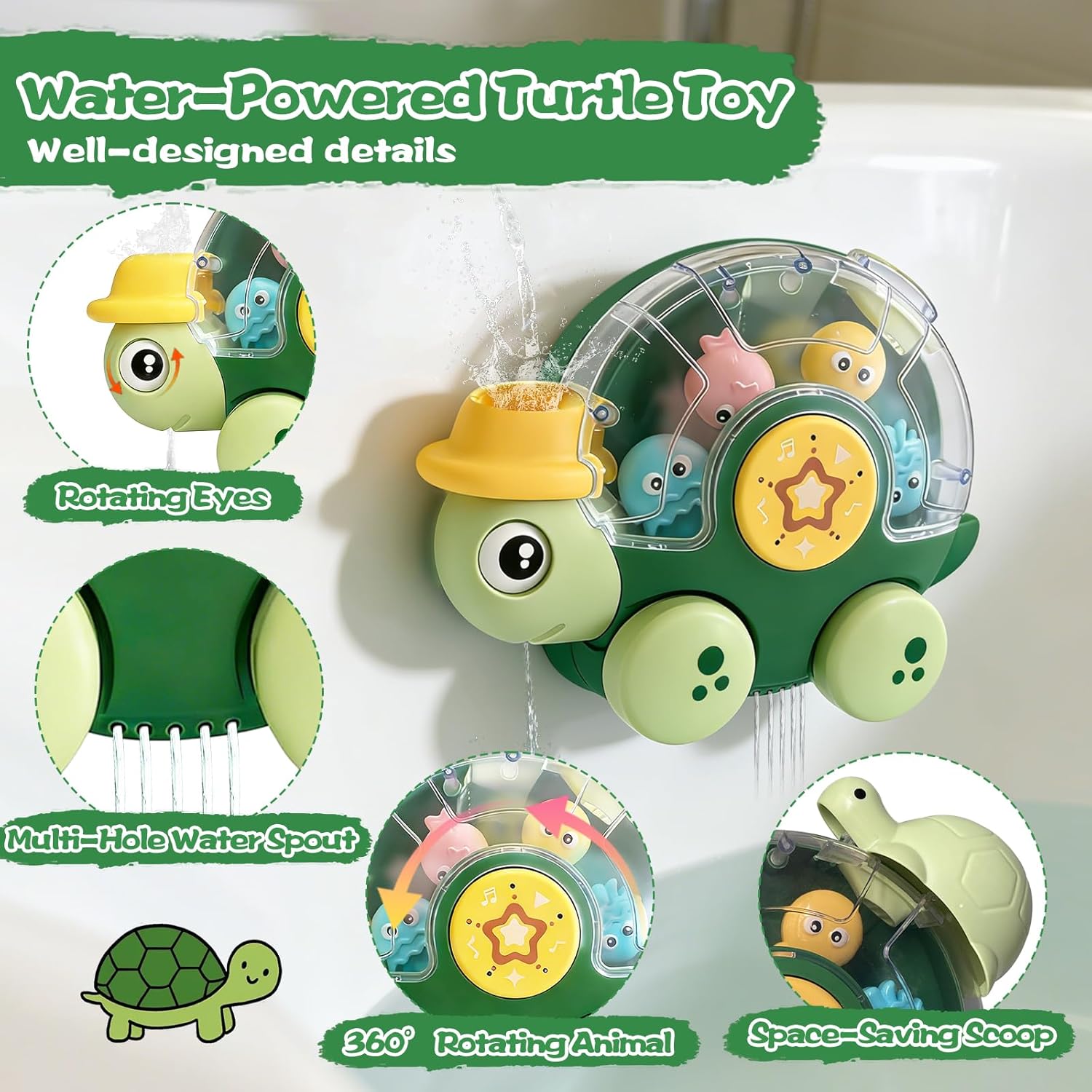 Detalle de Olensson Turtle Baby Bath Toy for Toddlers 1-3: BPA-Free Water Spinner with Rotating Eyes & Wheels