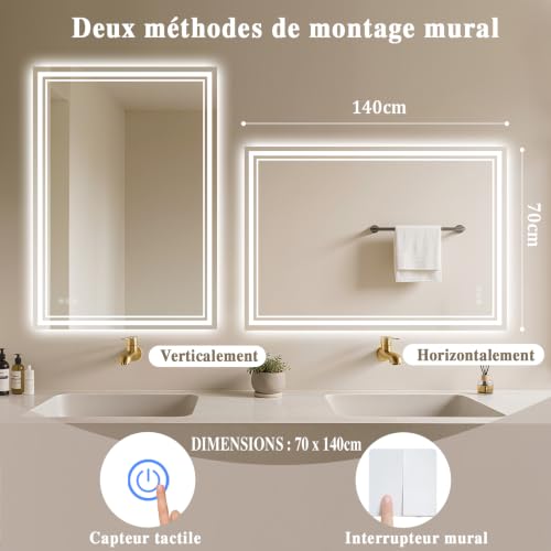 Detalle de Archaluxe Miroir de salle de bain LED 140 x 70 cm avec Bluetooth, anti-buée et 3 couleurs + dimmable