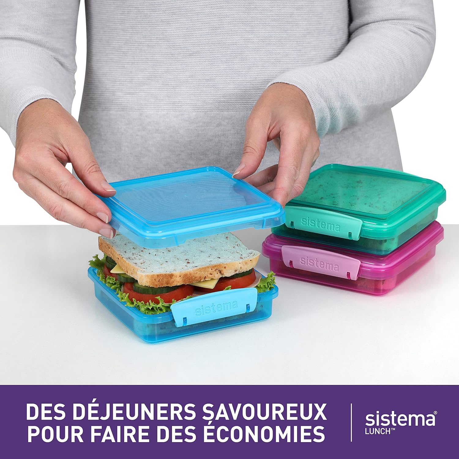 Detalle de Sistema Lunch boîtes à sandwich – Lot de 3 boîtes 450 ml, couleurs assorties