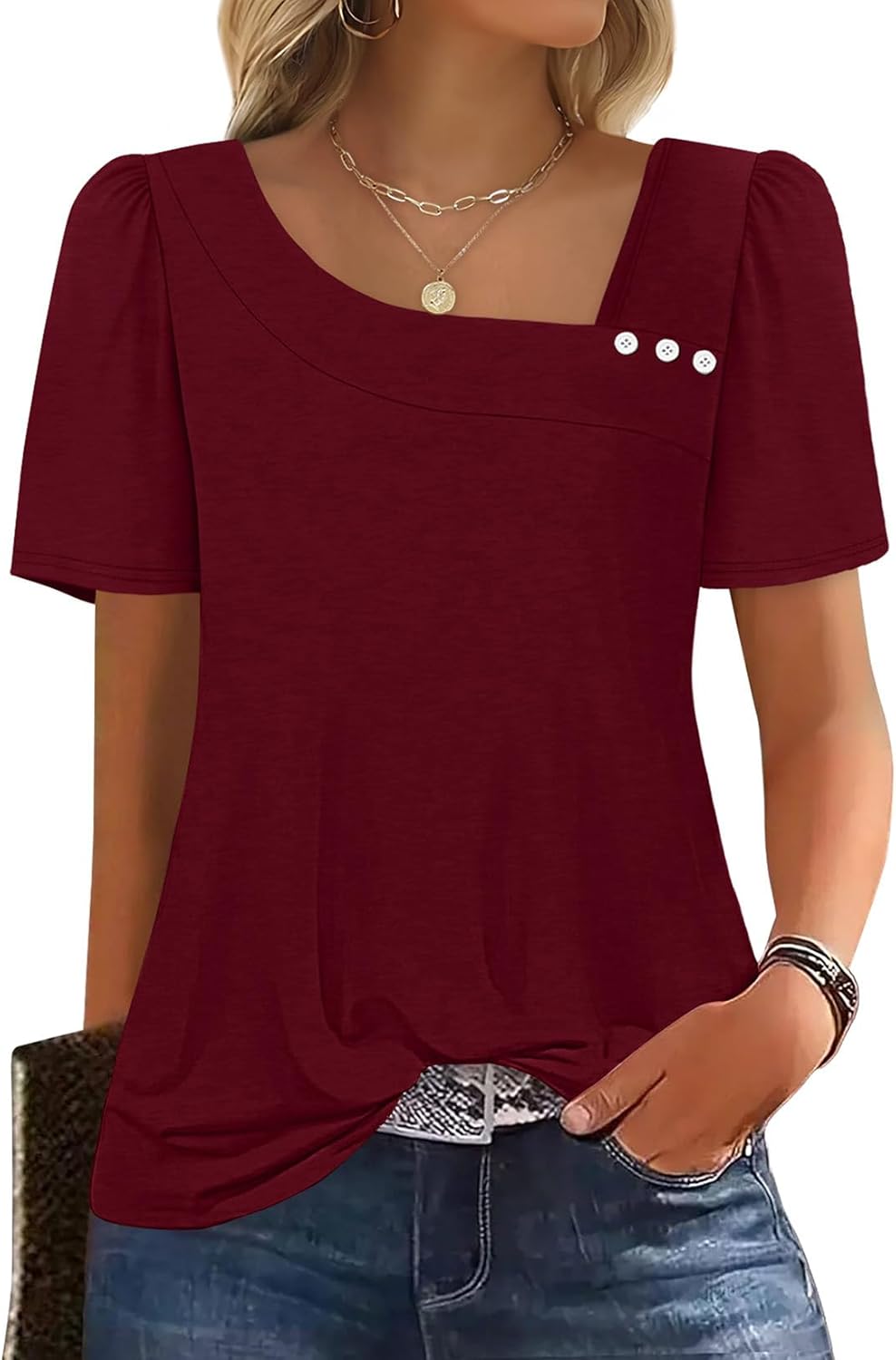 Thumbnail 5 de WIHOLL Women’s Square Neck Short Sleeve Summer Tops (Square Neck Spring Blouses)