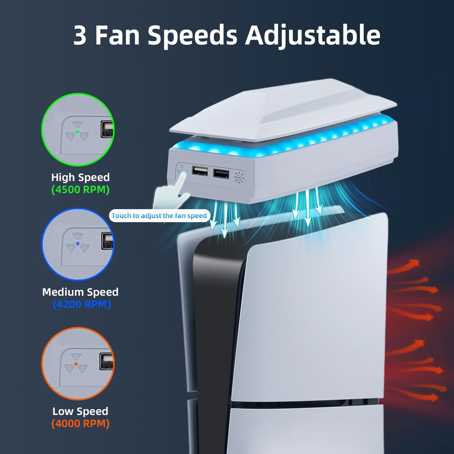 Detalle de Mcbazel Kühler für PS5 Slim (Disk/Digital) mit 3-stufiger RGB-Beleuchtung, oberem Kühlventilator und 2× USB 2.0 – Weiß