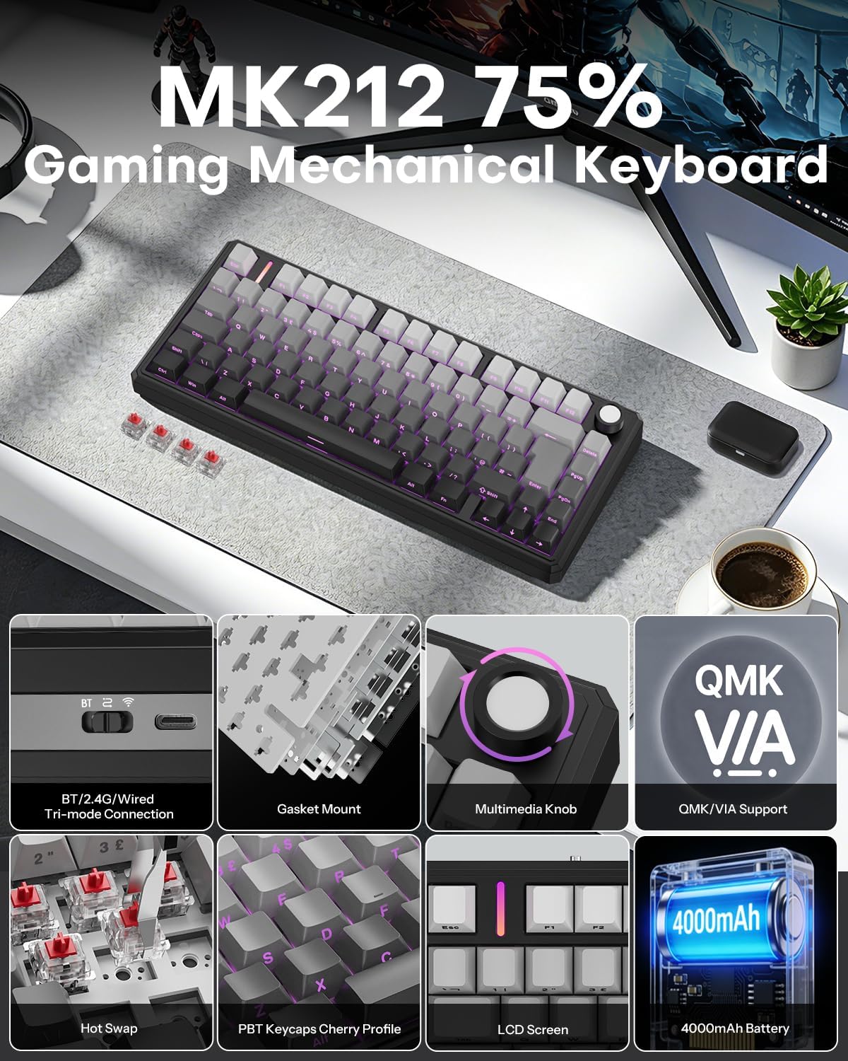 Detalle de OMOTON Mechanical Keyboard Gaming 75% ISO-UK: Tri-Mode Wireless, Hot Swap Gasket Mount, 4000mAh Battery