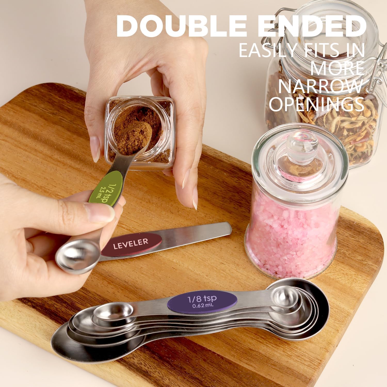 Detalle de ChefAide Pack of 8 Stainless Steel Magnetic Measuring Spoons Set (Dual Sided, Stackable, With Leveler)