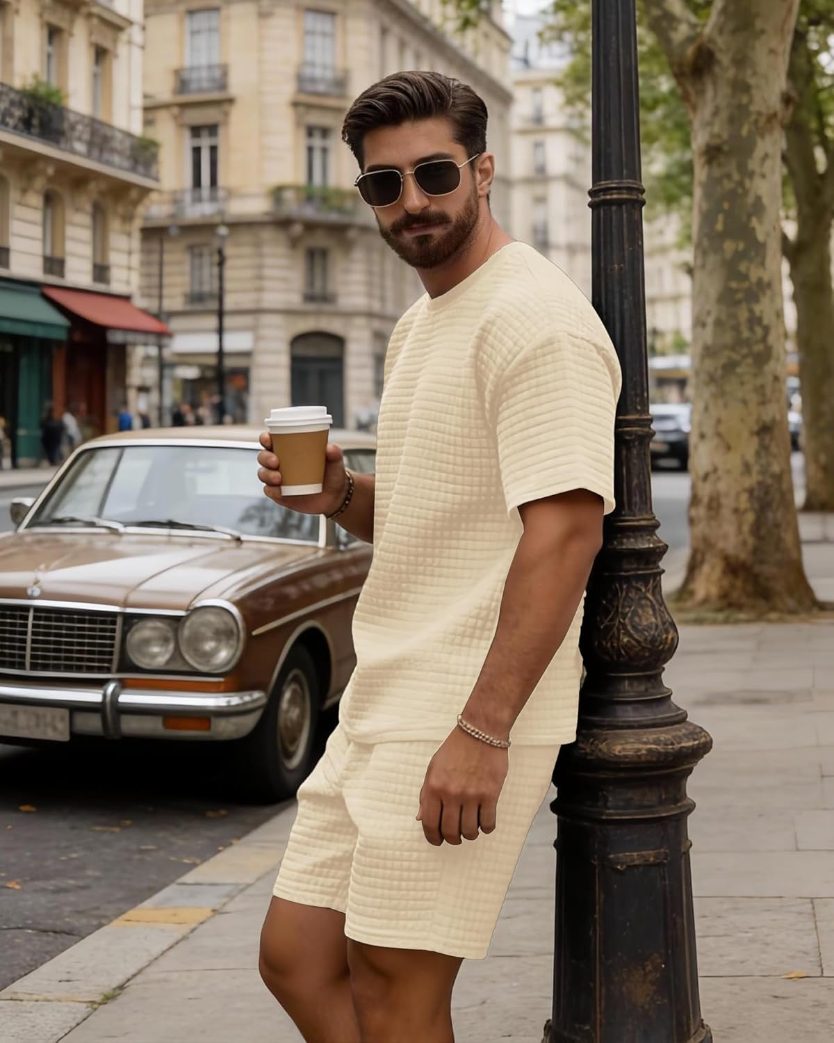Detalle de KUYIGO Men's 2-Piece Waffle Tracksuit Set: Short Sleeve Top & Joggers